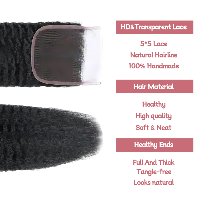 ការបិទចរ 5*5 Kinky ត្រង់ HD lace & ចរថ្លា